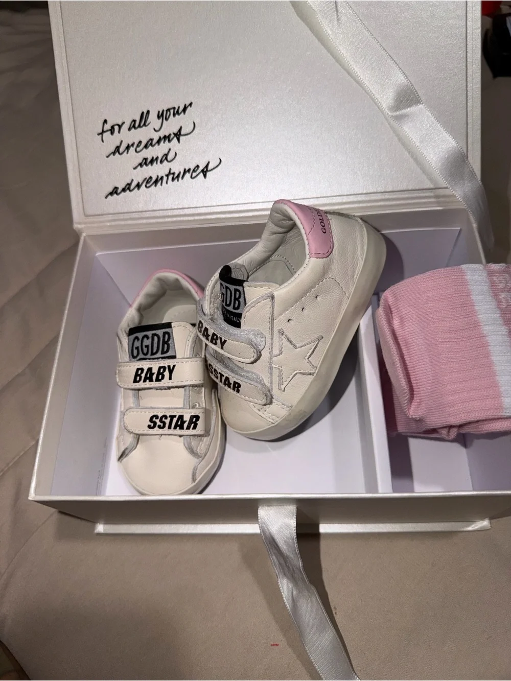 Golden Goose White & Pink Baby Velcro Star Sneakers